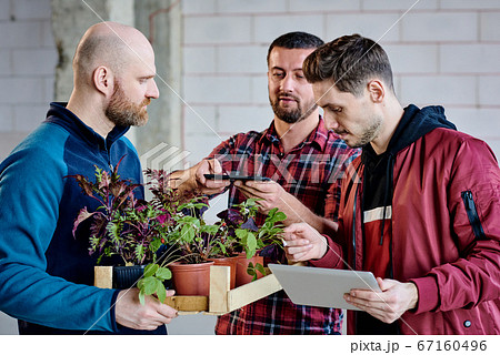 Young man taking photo of green plants while bald guy holding flowerpots Young man taking photo of green plants while bald guy holding flowerpots 67160496