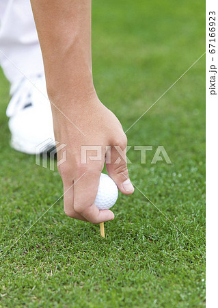 ゴルフボールをセットする男性の手元 67166923