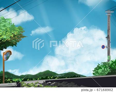 電柱と田舎の駅と青い空と雲のイラスト素材