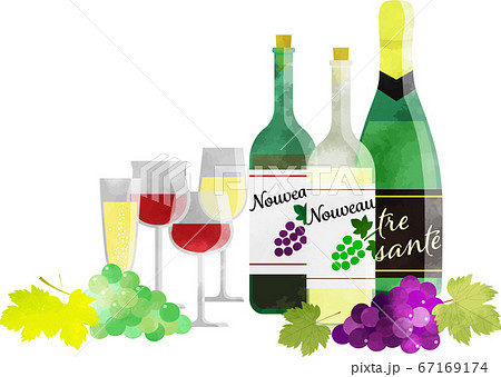 ワインとシャンパン ワイングラスとブドウ 透け感のある水彩風イラストのイラスト素材
