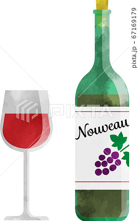 赤ワインとワイングラス 透け感のあるおしゃれな水彩風イラストのイラスト素材