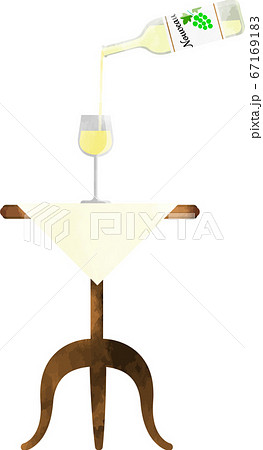 テーブルの上の白ワインを注いでいる 透け感のある水彩風のおしゃれなイラストのイラスト素材