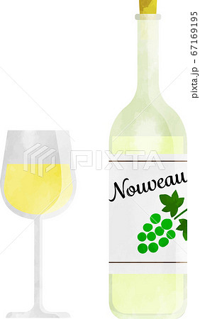 白ワインとワイングラス 透け感のある水彩風のおしゃれなイラストのイラスト素材