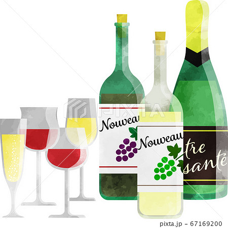 シャンパンとワイン ワイングラスのセット 透け感のある水彩風イラストのイラスト素材