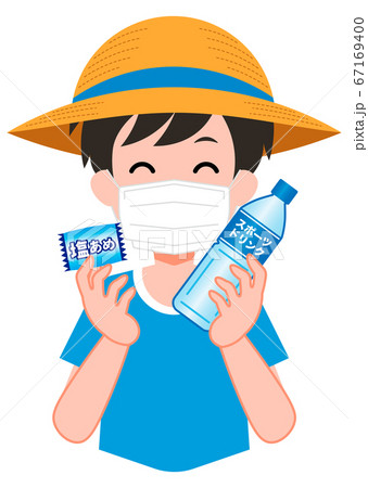 熱中症予防 塩飴とスポーツドリンク マスクをしている 男の子のイラスト素材