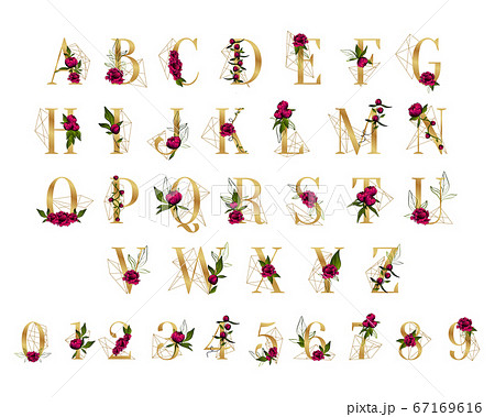 golden alphabet and numbers with peonies isolated on white golden alphabet and numbers with peonies isolated on white 67169616