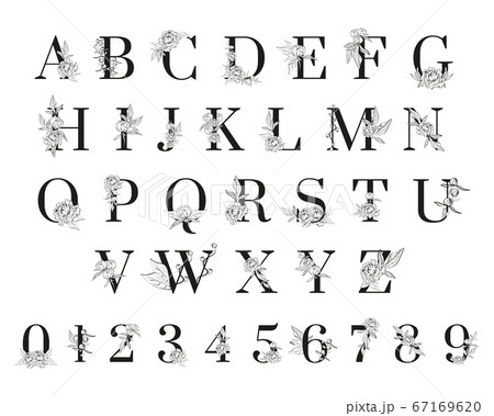 black alphabet and numbers with peonies and leaves on white 67169620