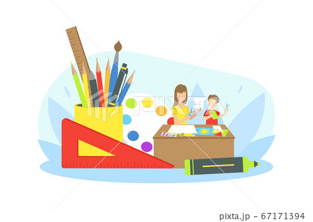 Mother Doing Craft with Her Son at Home, Mother Helping her Child with Homework Vector Illustration Mother Doing Craft with Her Son at Home, Mother Helping her Child with Homework Vector Illustration 67171394