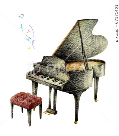 黒いピアノとイスと音符 手描きのイラスト素材