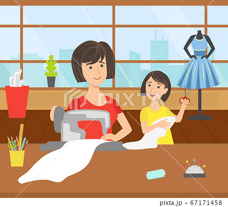 Mother and Her Daughter Sewing Together, Loving Mom and Her Child in Everyday Life at Home Vector Illustration 67171458