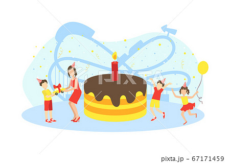 Birthday Party, Tiny Mother and Happy Kids with Huge Festive Cake Vector Illustration Birthday Party, Tiny Mother and Happy Kids with Huge Festive Cake Vector Illustration 67171459