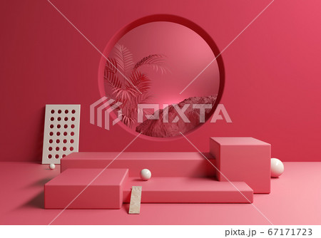 Abstract Red Pink blank display products with tropic background, 3d illustration 67171723
