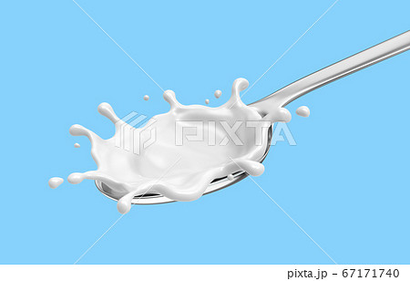Milk yogurt healthy natural hi calcium and protein realistic splashing on silver spoon, 3D illustration 67171740