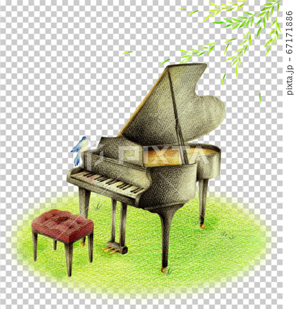 新緑の中の黒いピアノと青い鳥のイラスト素材