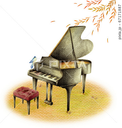 秋の紅葉の中の黒いピアノと青い鳥のイラスト素材