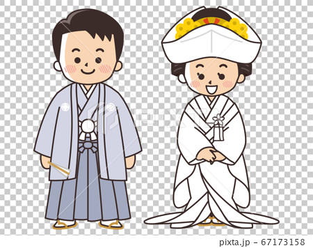 Bride and groom in Japanese dress, crested... - Stock Illustration ...
