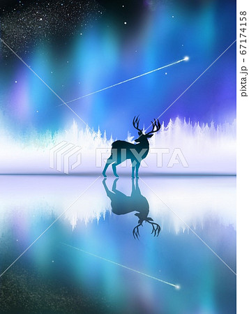 水に反射する鹿のルエットと夜空の風景画のイラスト素材