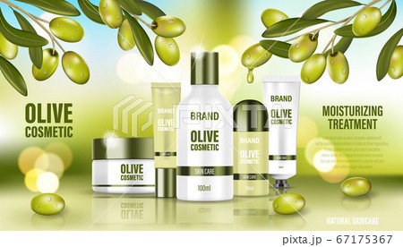 Cosmetic poster ad. Realistic glass jar on bokeh background with green olives. Face cream, body wash, lotion, deodorant, cosmetic bottle template. Realistic 3d illustration. Cosmetic poster ad. Realistic glass jar on bokeh background with green olives. Face cream, body wash, lotion, deodorant, cosmetic bottle template. Realistic 3d illustration. 67175367