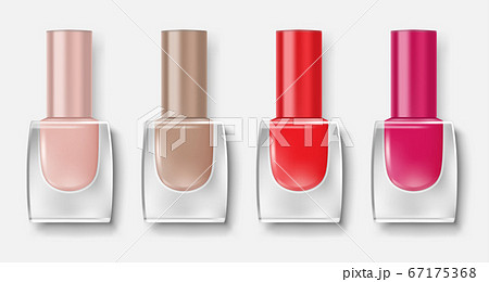 Set of nail polish bottles. Colorful varnish for nail insulated. Realistic lacquer glass containers for manicure isolated on white. Vector 67175368