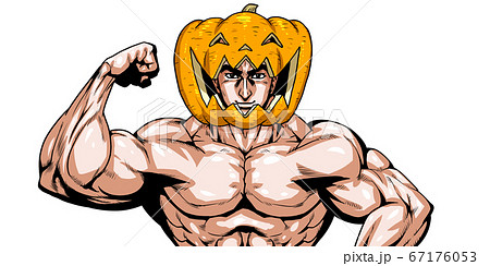 ハロウィン カボチャ 仮装 マスク 血のり ゾンビ 劇画 漫画 筋肉 ボディビル マッチョ ポーズ のイラスト素材