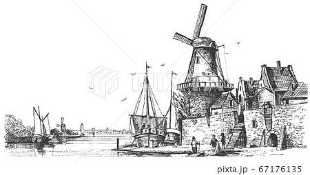 Panoramic view of the old mill and the village near the river. Old windmill village house. Vector sketches. Illustration of rural buildings 67176135
