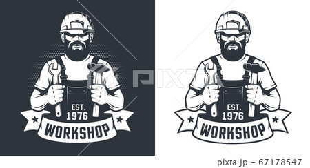 Bearded Worker in hard hat with hammer and wrench -vintage logo 67178547
