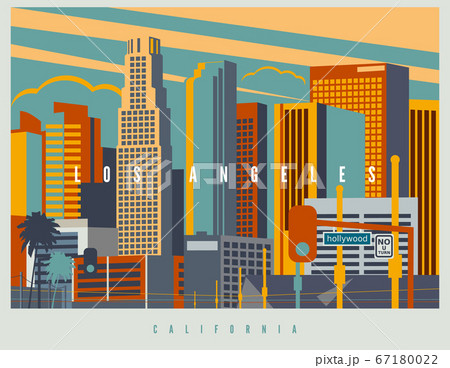 Downtown Los Angeles in vector. Cityscape of LA in retro style colors and stylization 67180022