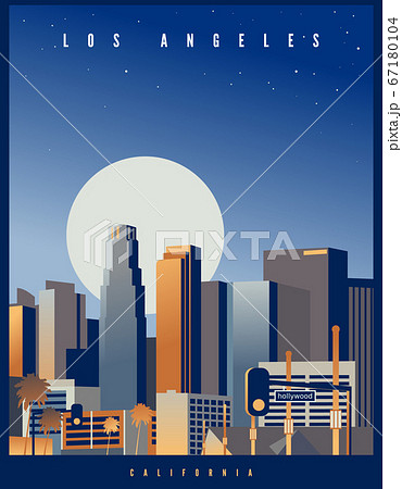 Los Angeles Skyline With A Big Full Moon And のイラスト素材