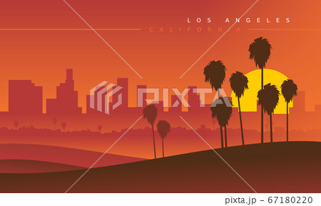 Los Angeles Skyline During The Sunset Viewed のイラスト素材