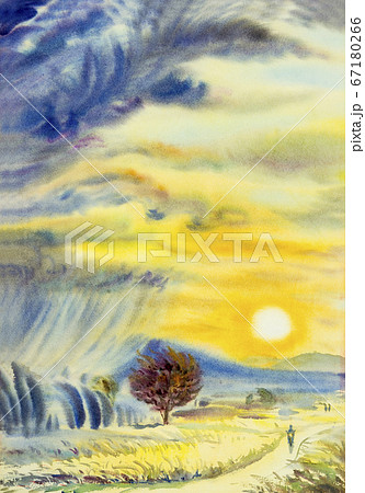 Painting colorful of sunset on mountain and rain 67180266