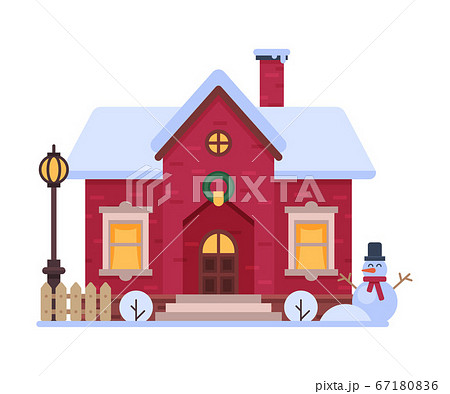 Cute Snowy House, Suburban Winter Cottage Building with Glowing Windows Vector Illustration 67180836