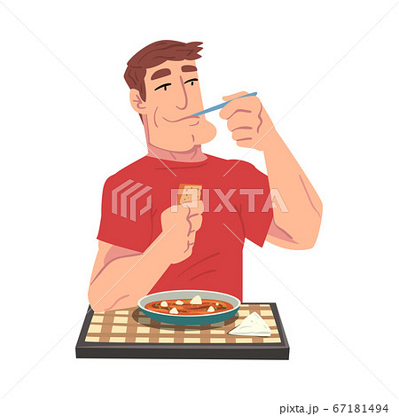 Young Man Eating Delicious Stewed Meal, Cheerful Guy Sitting at Table with Checkered Tablecloth Cartoon Vector Illustration Young Man Eating Delicious Stewed Meal, Cheerful Guy Sitting at Table with Checkered Tablecloth Cartoon Vector Illustration 67181494