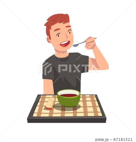 Young Man Eating Delicious Soup, Cheerful Guy Sitting at Table with Checkered Tablecloth Cartoon Vector Illustration 67181521