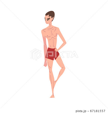 Slender, Thin Young Man in Red Shorts, Male Endomorph Body Type Cartoon Style Vector Illustration on White Background 67181557