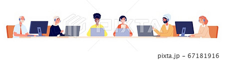 Hotline service. Customer support team, call center business office operators in headset. Multicultural staff helpdesk vector illustration 67181916