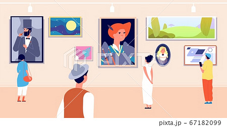 Art gallery. Artistic museum painting exhibition tour. Artist paintings, canvas image and visitors. Woman and exposition vector illustration Art gallery. Artistic museum painting exhibition tour. Artist paintings, canvas image and visitors. Woman and exposition vector illustration 67182099