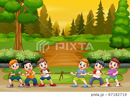 Group Of Boys Playing Tug Of War In The Parkのイラスト素材