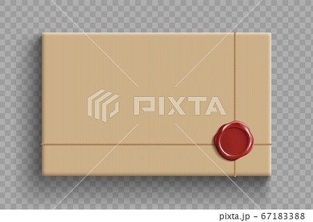 Cardboard box with a wax seal. Parcel template Cardboard box with a wax seal. Parcel template 67183388