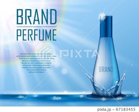 Cosmetic products ad. Realistic perfume container on blue water background with drops and water splash for your brand. Transparent perfume bottle template. Vector 3d illustration 67183455