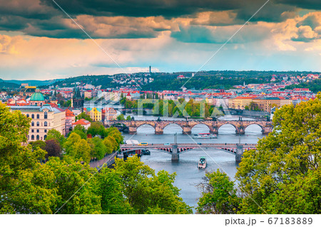 Picturesque cityscape panorama with bridges and river, Prague, Czech Republic 67183889