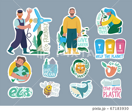 Ecology labels. Eco friendly concept save our planet environment vegan people green planet vector badges set 67183930