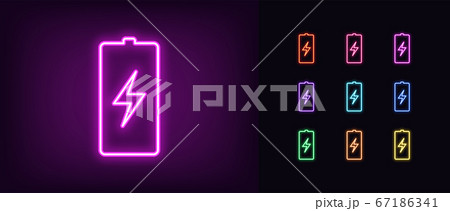 Neon battery icon. Neon charge battery sign with Neon battery icon. Neon charge battery sign with 67186341