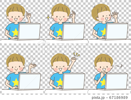パソコンでプログラミングをするかわいい男の子の表情セットのイラスト素材