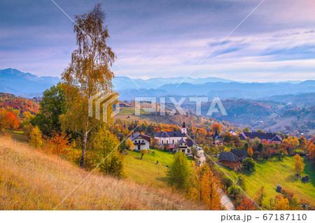Beautiful colorful autumn landscape, Magura village, Brasov county, Transylvania, Romania 67187110