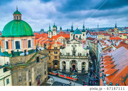 Spectacular Prague cityscape with colorful house roofs and towers, Europe Spectacular Prague cityscape with colorful house roofs and towers, Europe 67187111
