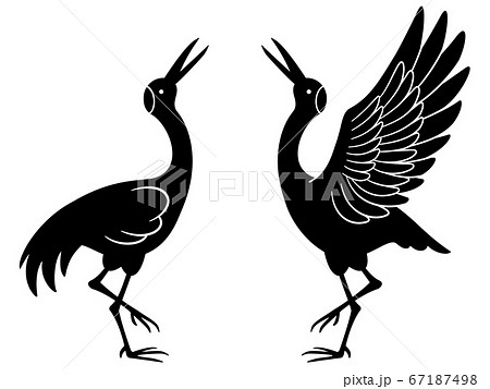 向かい合う鶴のペアのシルエットイラスト 67187498