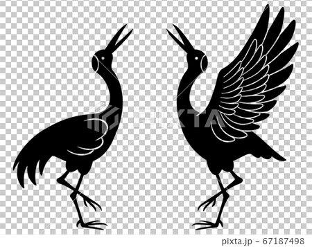 向かい合う鶴のペアのシルエットイラスト 67187498