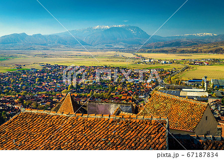 Beautiful ancient Rasnov city view from the castle, Transylvania, Romania 67187834