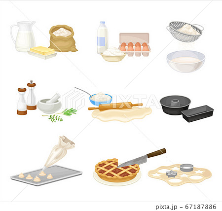 Baking Process with Doughing and Mixing Ingredients with Cookware Vector Set 67187886