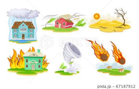 Natural Cataclysms with Drought and Tornado Vector Illustrations Set 67187912
